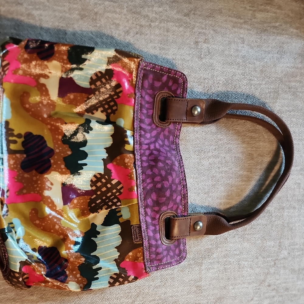 Fossil Colorful Patterned Tote with Brown Handles